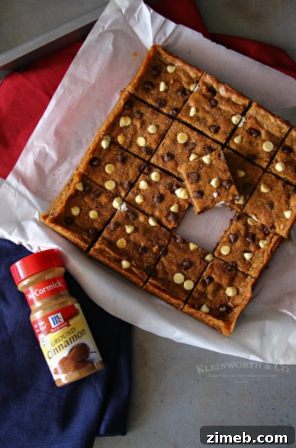 Close-up of freshly baked Chocolate Chip Snickerdoodle Bars on a cooling rack