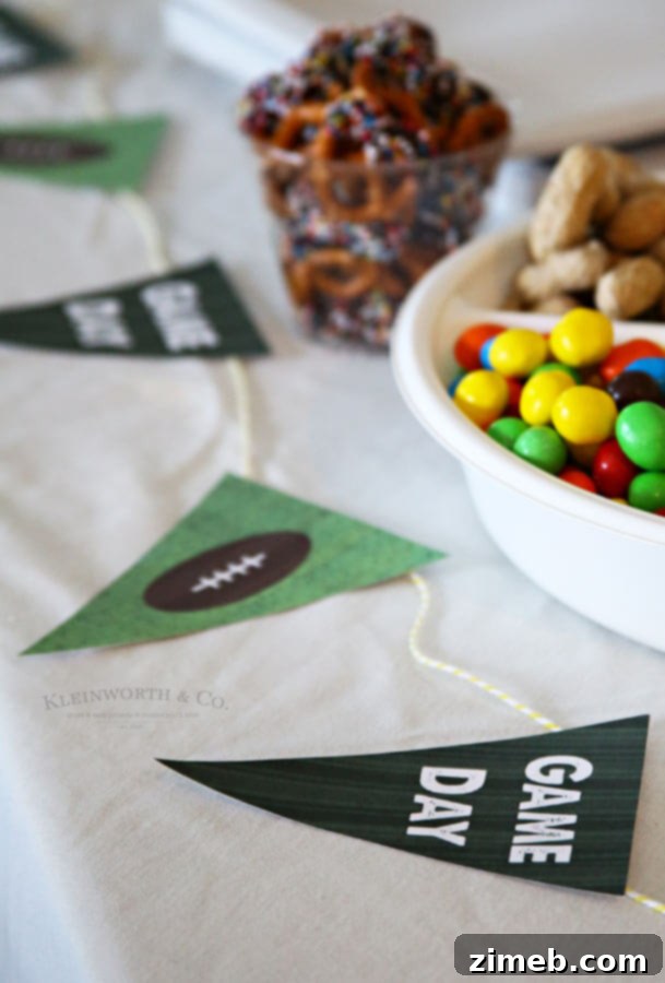 Festive game day table setup with Jose Ole snacks and printable decorations