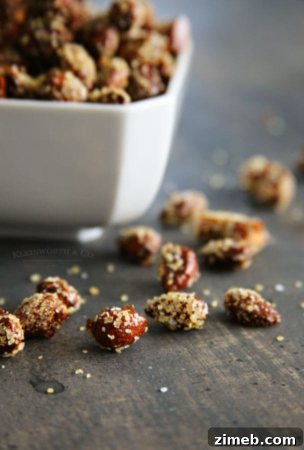 Another view of a bowl of delicious honey roasted almonds.