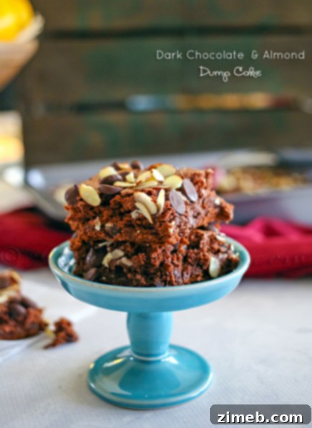Dark Chocolate & Almond Dump Cake in a baking dish