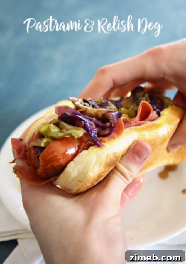 Pastrami Relish Hotdog 5 Pastrami & Relish Dog: gourmet hot dog with cabbage and mushroom relish