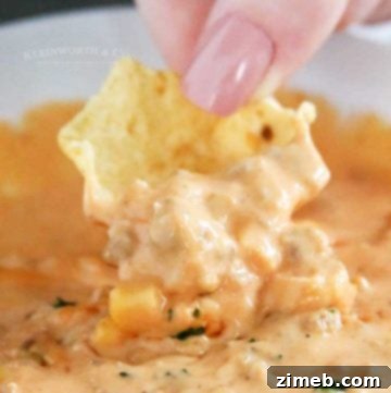 A bubbling hot bowl of Sausage Cheese Dip, garnished with cilantro and served with tortilla chips.