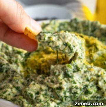 Close-up of a vibrant bowl of Vegan Spinach Artichoke Dip, garnished with fresh herbs.