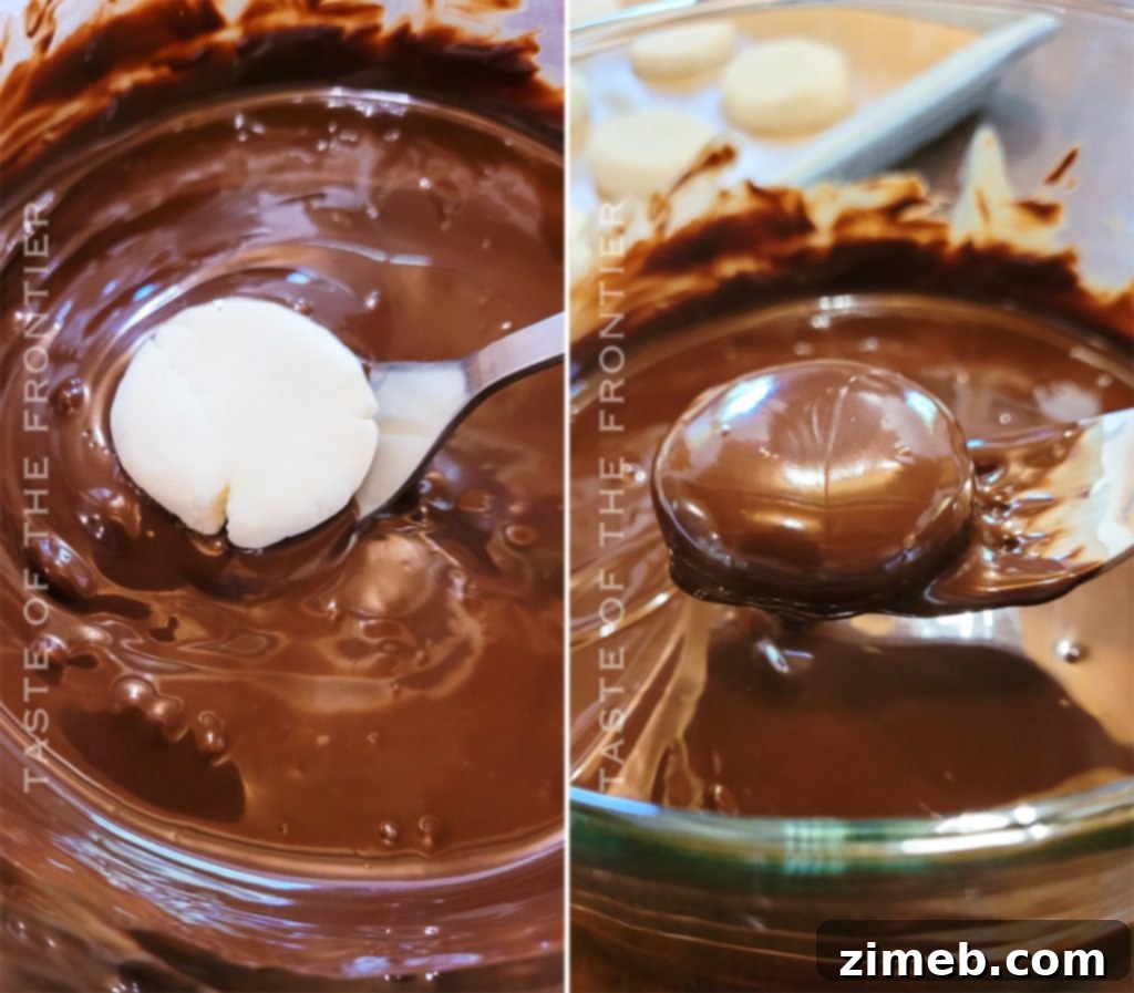 Coating Homemade Peppermint Patties with dark chocolate