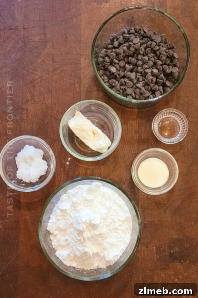 Ingredients for Homemade Peppermint Patties - confectioners sugar, condensed milk, chocolate chips, shortening