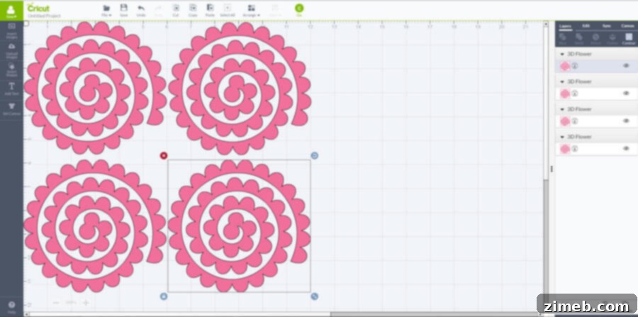 Craft a Beautiful Paper Flower Wreath with Cricut 4 Cricut Design Space showing flower layout for cutting