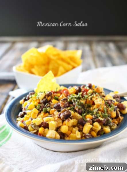 Fresh Mexican Corn Salsa in a bowl with tortilla chips