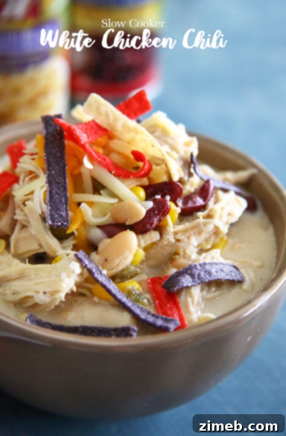 A bowl of Slow Cooker White Chicken Chili ready to be served