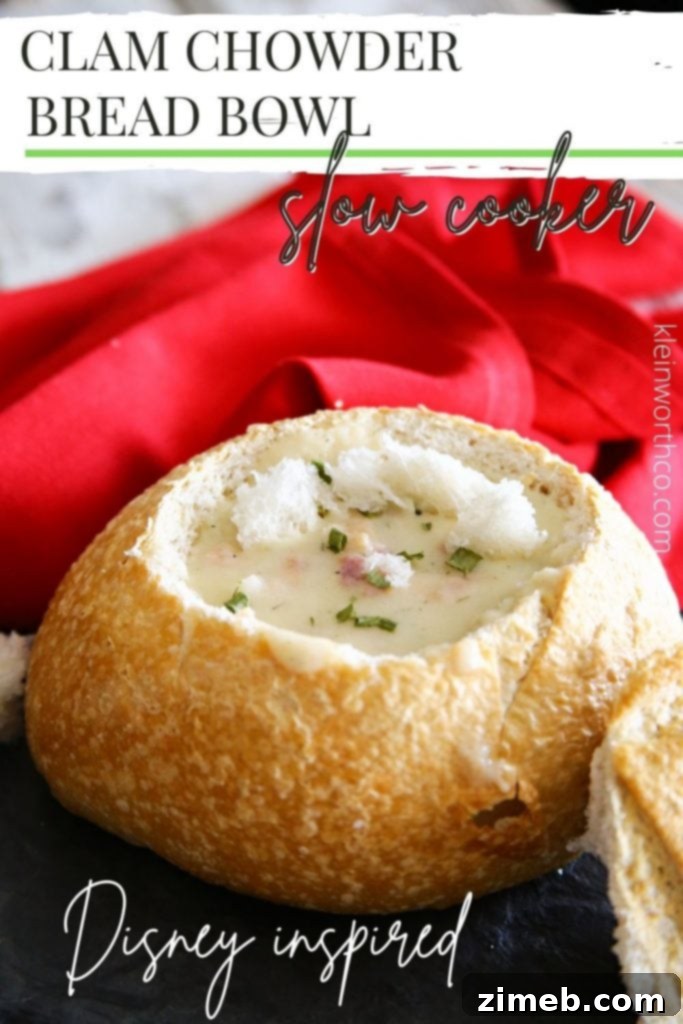 Disney-Inspired Clam Chowder Bread Bowl served hot, with steam rising.