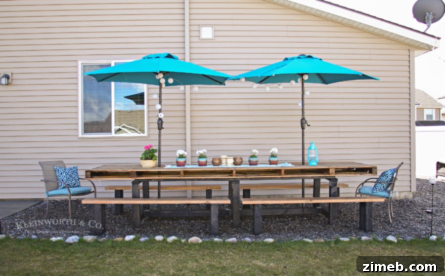 Overview of the completed Spring Outdoor Pallet Table Decor area.