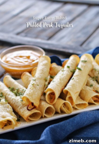 Baked Pulled Pork Taquitos - Crispy taquitos with pulled pork filling.