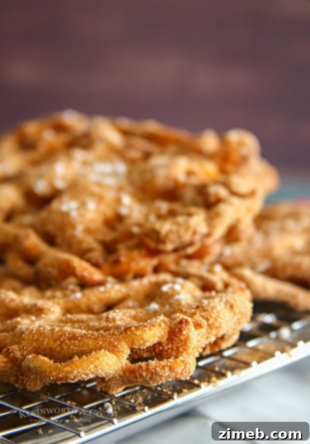 Churro Funnel Cake Made Simple 2 Close-up of a freshly made Easy Churro Funnel Cake generously coated in cinnamon sugar
