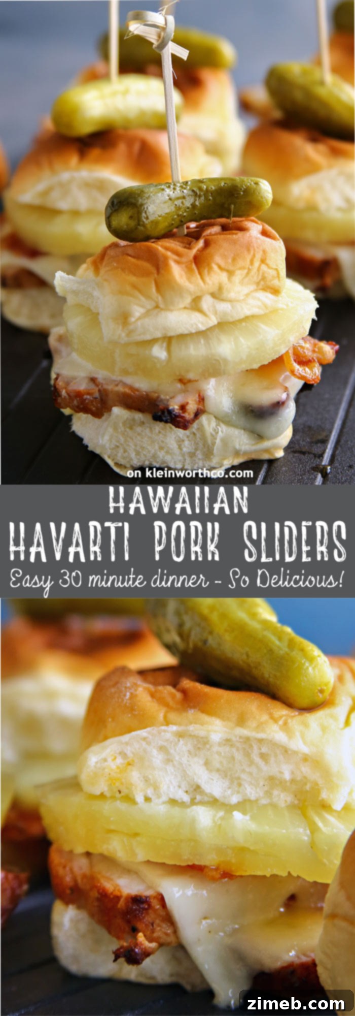 Aloha Pork & Havarti Melts 8 Variety of Hawaiian Havarti Pork Sliders ingredients including grilled pork, cheese, pineapple, and rolls.
