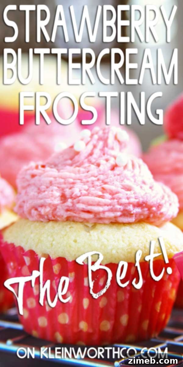 Luscious Strawberry Buttercream 3 Strawberry Buttercream Frosting on a cupcake, garnished with a fresh strawberry