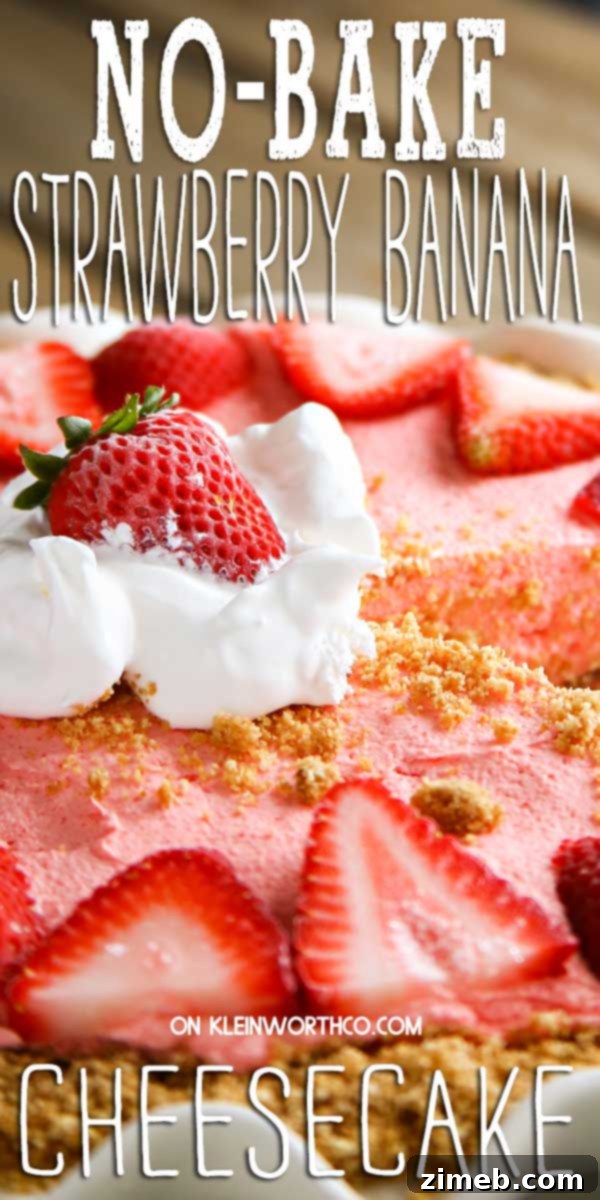 Dreamy No-Bake Strawberry Banana Cheesecake 2 A beautifully presented slice of No Bake Strawberry Banana Cheesecake with fresh fruit garnish.