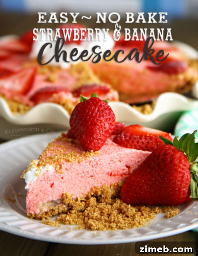 Dreamy No-Bake Strawberry Banana Cheesecake 6 A close-up of a slice of No Bake Strawberry Banana Cheesecake, showing the layers of crust, banana, and creamy filling, topped with fresh strawberries.