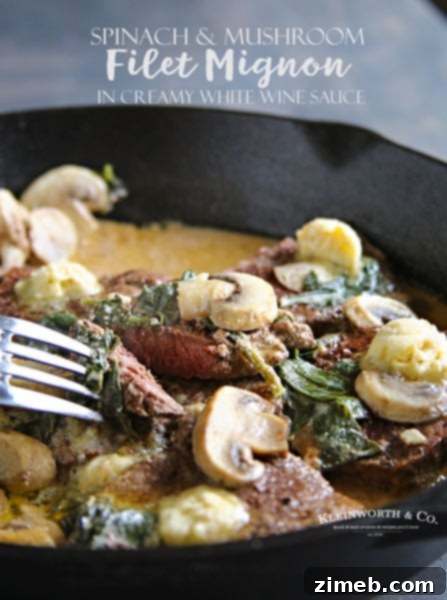 Spinach Mushroom Filet Mignon in Creamy White Wine Sauce - A gourmet yet accessible recipe for a special dinner at home. Indulge in rich flavors.