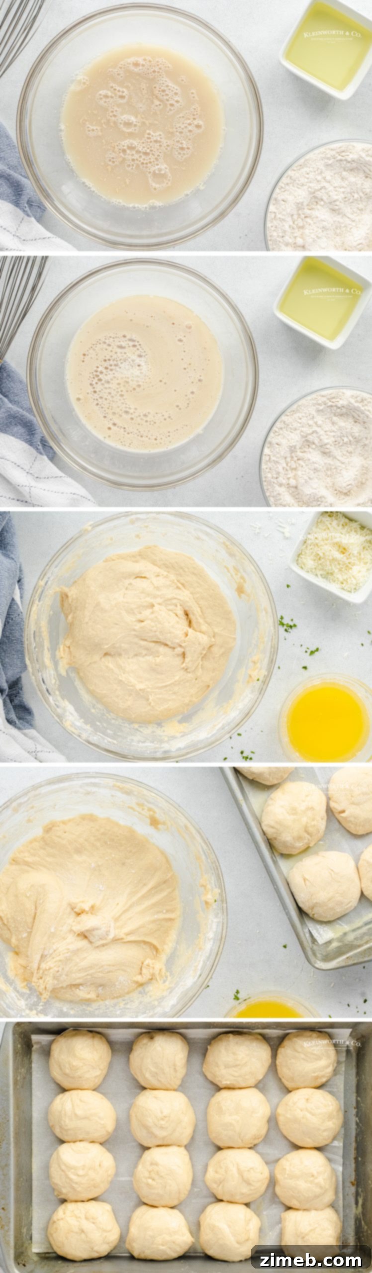 Garlic Parmesan Dinner Rolls in 30 Minutes 7 Close-up view of dough being shaped for 30-Minute Dinner Rolls.