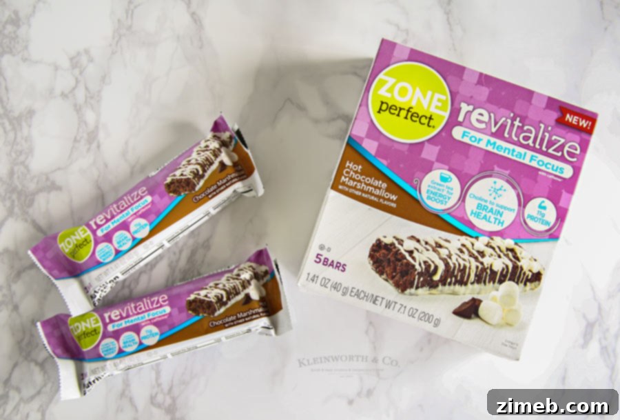 Close-up of ZonePerfect Revitalize bars, emphasizing delicious flavors for mental focus