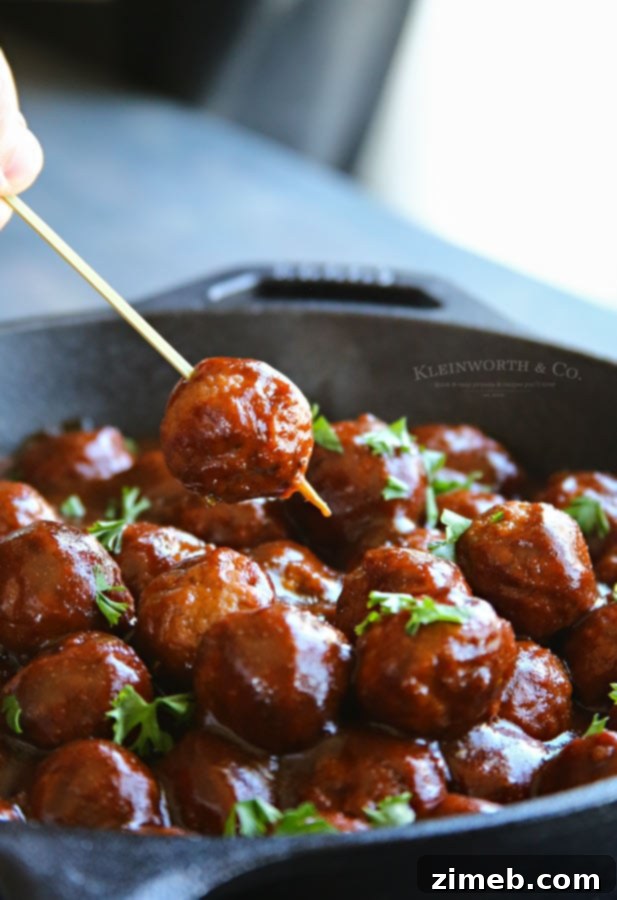 Delicious party recipe for Kicky BBQ Ale Meatballs, a savory and sweet appetizer