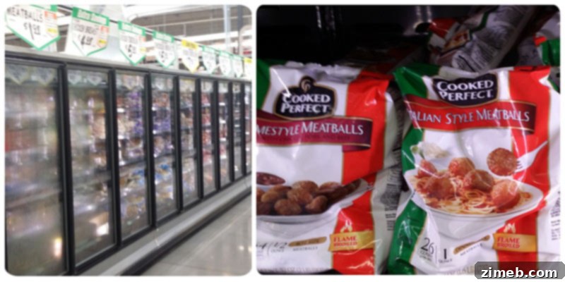 Cooked Perfect Meatballs packaging in a store freezer aisle, highlighting convenience