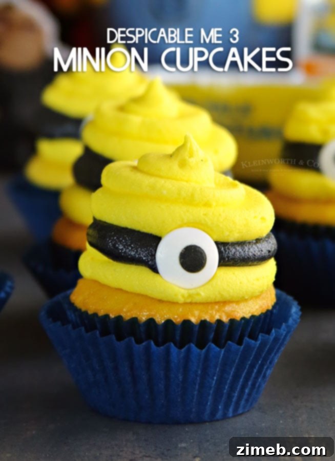 Despicable Me 3 Inspired Minion Cupcakes 7 Finished Despicable Me 3 Minion Cupcakes with candy eyes