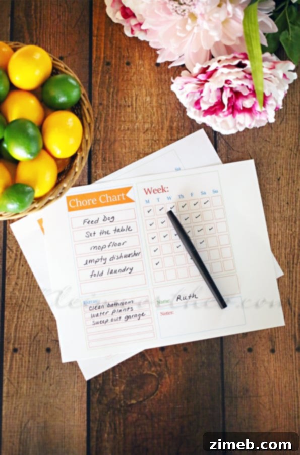 Chore Chart Checklist Template for kids to manage responsibilities