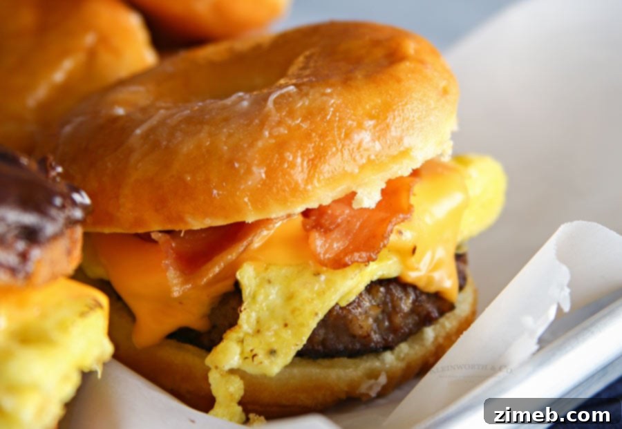 Savory Stuffed Breakfast Donuts Bacon Egg and Cheese 4 Close-up of Bacon, Egg & Cheese Breakfast Donuts ready to eat