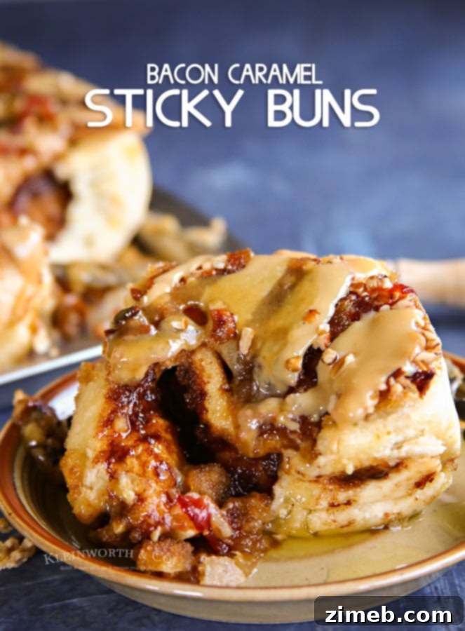 Sweet and Salty Bacon Caramel Sticky Buns 5 A delicious Bacon Caramel Sticky Bun, glistening with caramel and topped with bacon.