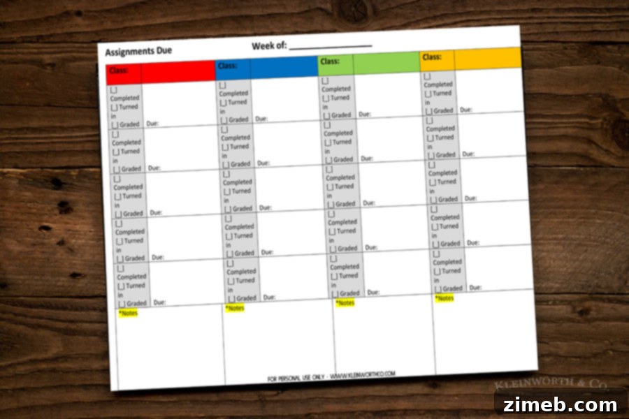 Student Assignment Homework Planner Printable