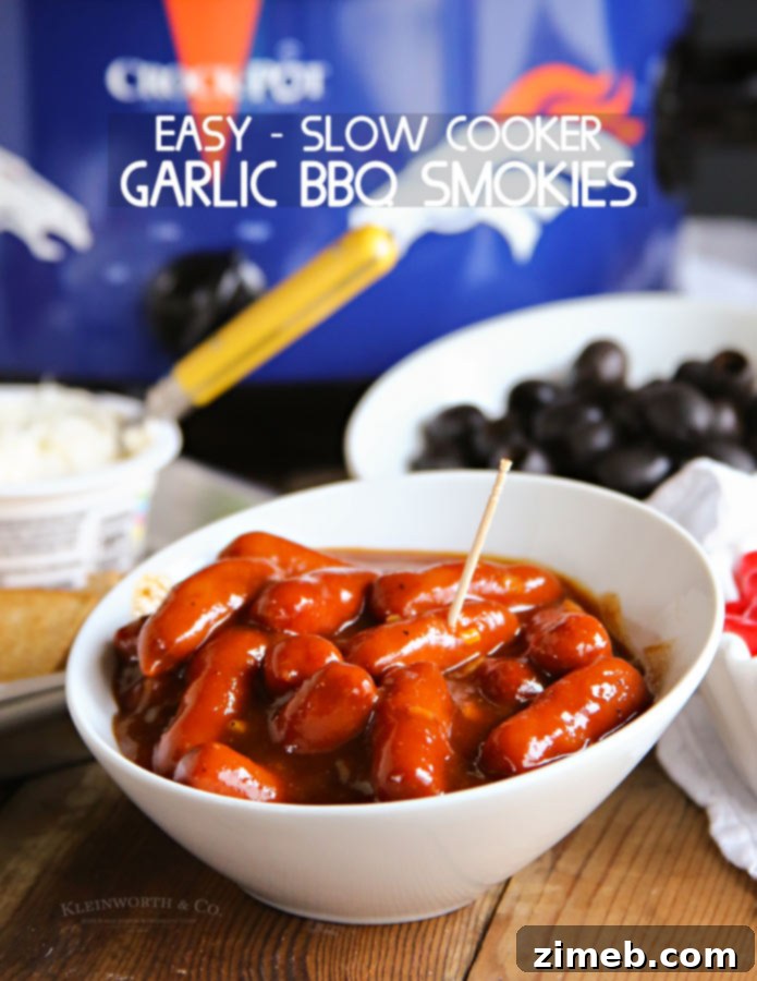 Easy Slow Cooker Garlic BBQ Smokies ready to serve