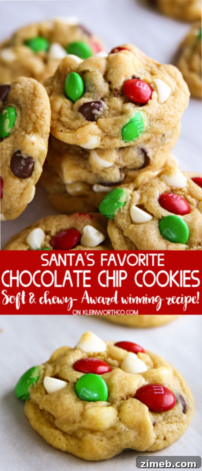 A plate of golden-brown Santa's Favorite Chocolate Chip Cookies, studded with red and green M&Ms, ready for the holidays.