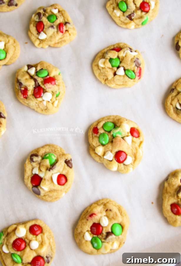 A festive display of pudding cookies, also known as Santa's Favorite Chocolate Chip Cookies, featuring M&Ms.