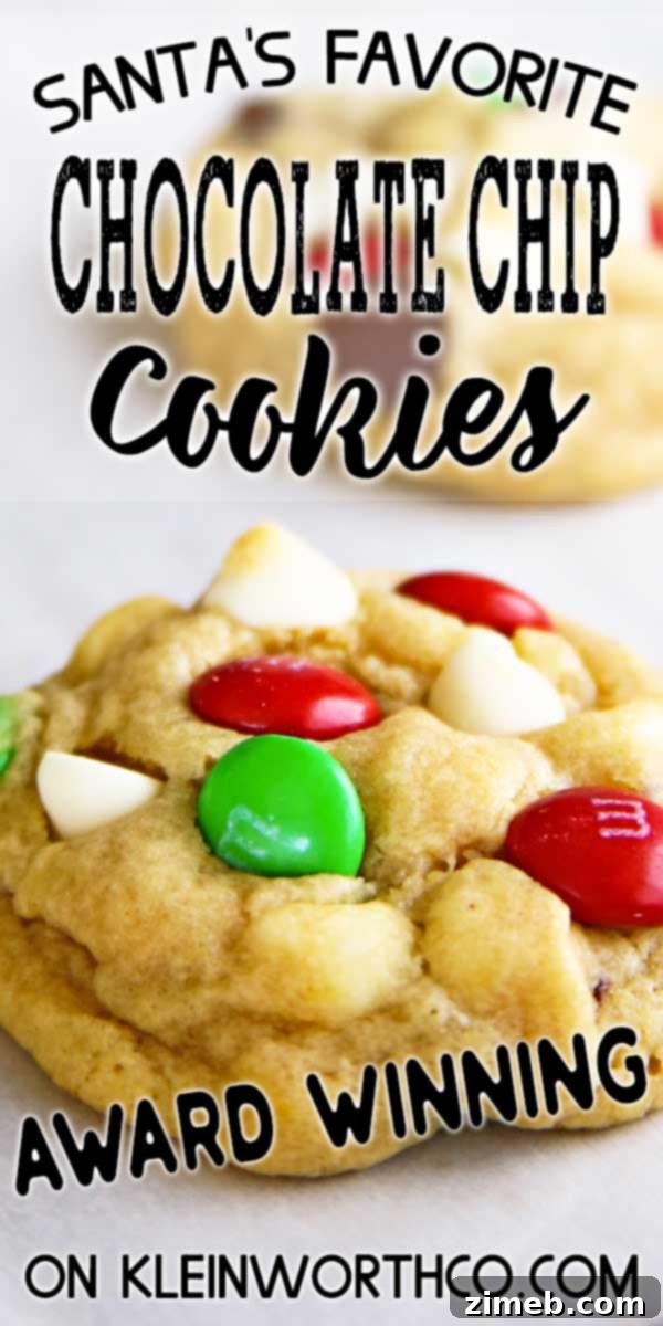 A final festive image of Santa's Favorite Chocolate Chip Cookies, artfully arranged for the holidays.