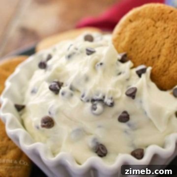 A close-up image of a creamy chocolate chip dip served in a small bowl. The dip is light-colored and filled with mini chocolate chips throughout. The bowl is placed on a plate surrounded by various dippable items like cookies and pretzels. The texture of the dip looks smooth and rich, perfect for a sweet treat.
