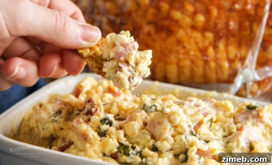 Overhead view of a delicious ham & cheese spinach dip, ready to be served as an appetizer.