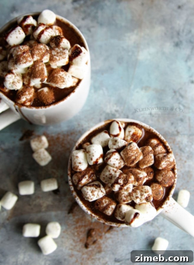 Close-up of a mug of creamy hot chocolate with mini marshmallows, ready to be enjoyed.