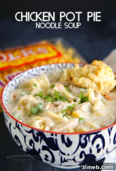 Hearty Chicken Pot Pie Noodle Soup, a perfect comforting meal for chilly evenings.