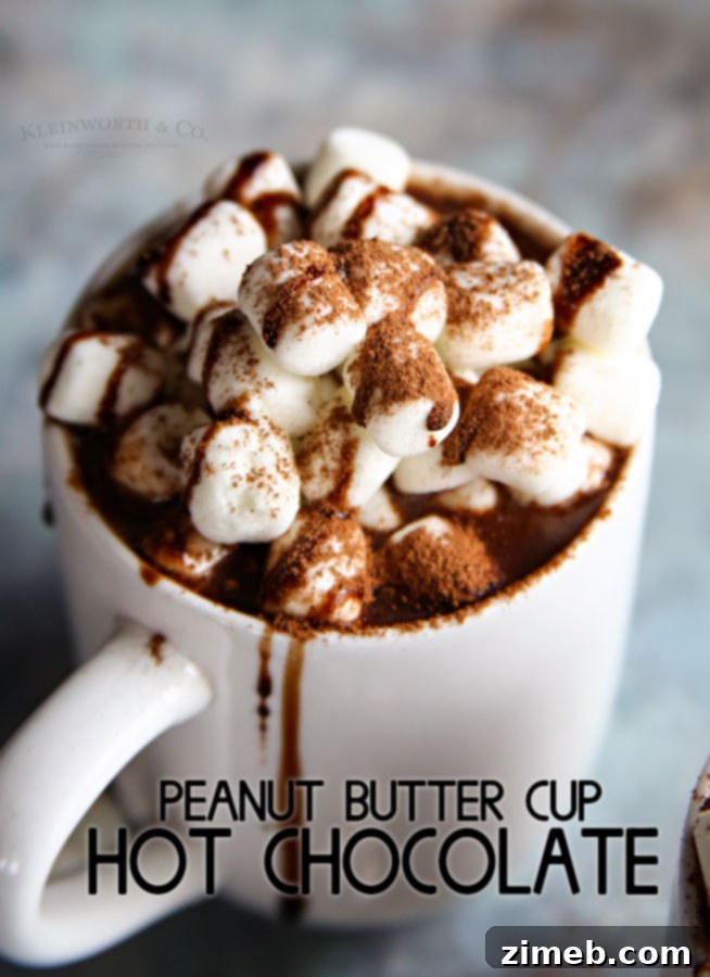 A close-up of a Peanut Butter Cup Slow Cooker Hot Chocolate mug, garnished with mini marshmallows and chocolate shavings.