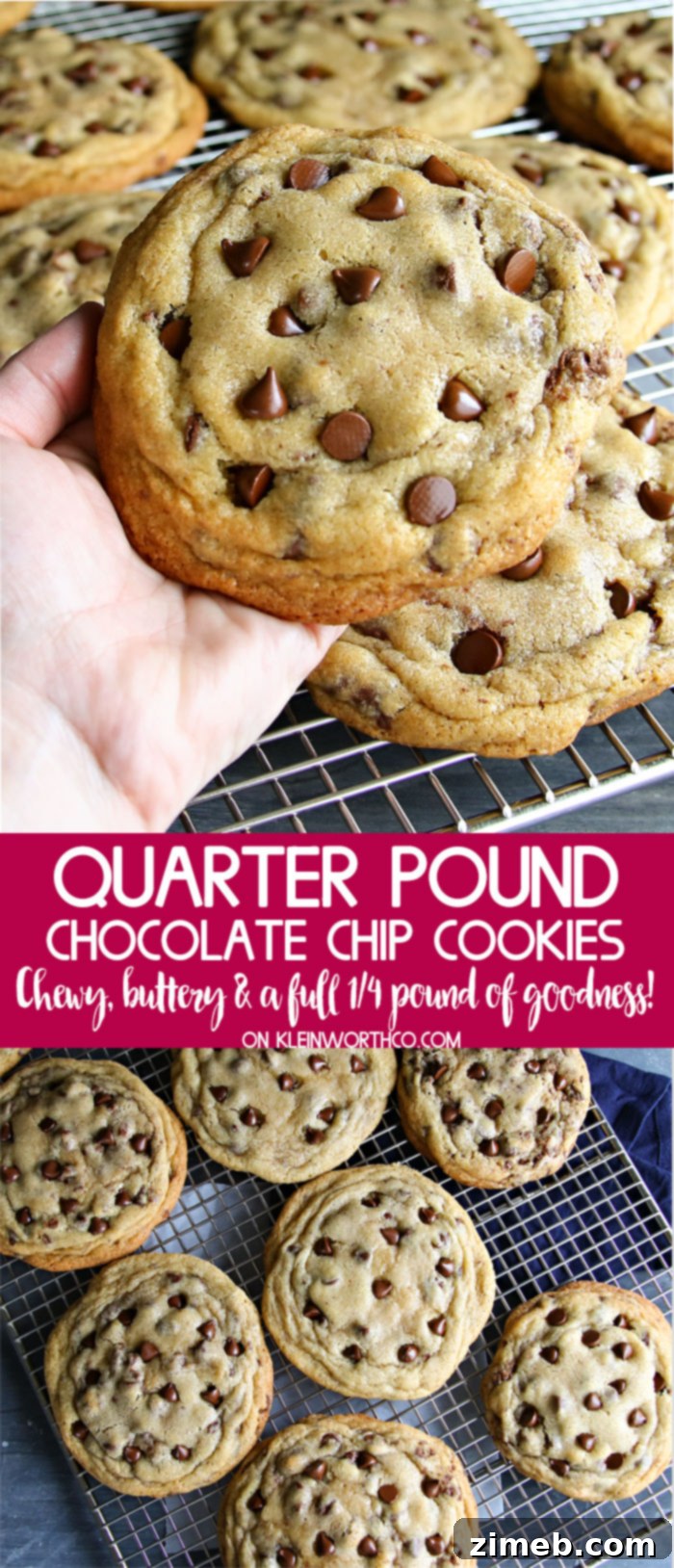 Gourmet Giant Chocolate Chip Cookies 2 Close-up of a freshly baked Quarter Pound Chocolate Chip Cookie on a cooling rack, showcasing its soft center and golden edges.