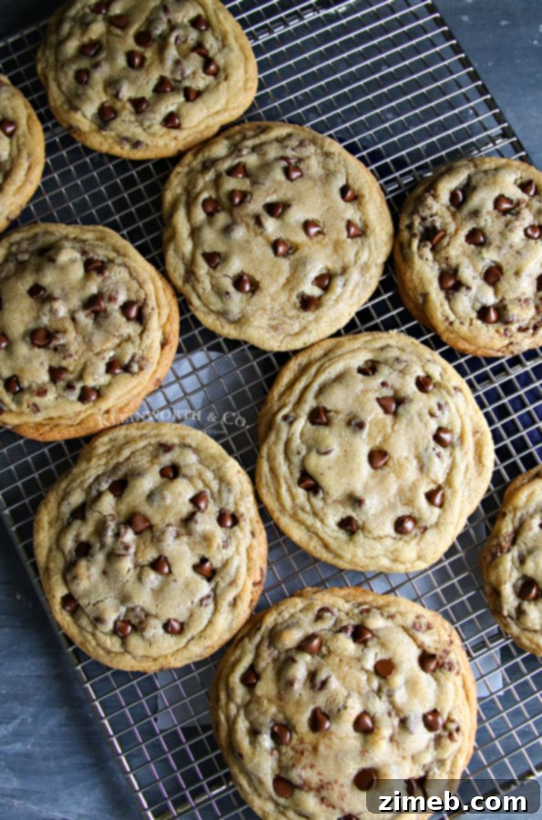 Gourmet Giant Chocolate Chip Cookies 3 Several giant chocolate chip cookies piled on a white plate, highlighting their substantial size and generous chocolate distribution.