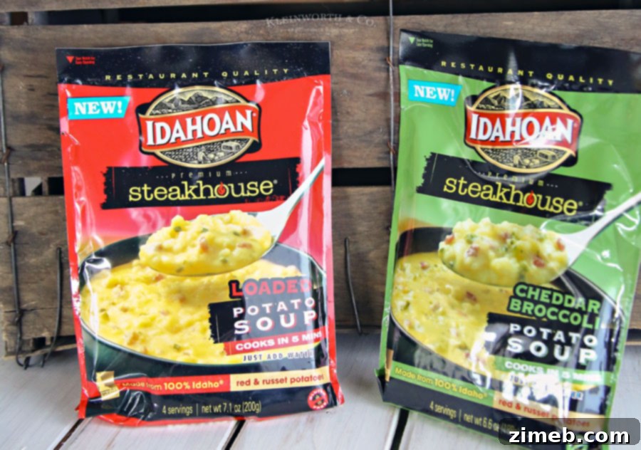 Golden Crispy Chicken Tenders with Hearty Potato Soup 4 Idahoan Steakhouse Potato Soup box, highlighting its quick preparation and delicious flavor.