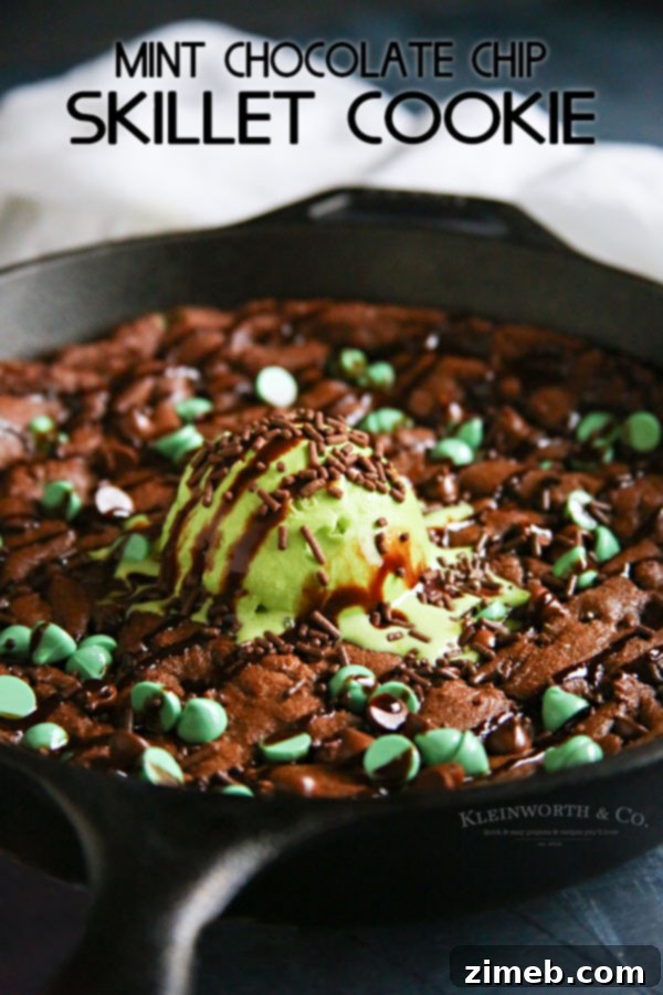 Gooey Mint Chocolate Skillet Delight 10 Mint Chocolate Chip Skillet Cookie garnished with extra chocolate chips