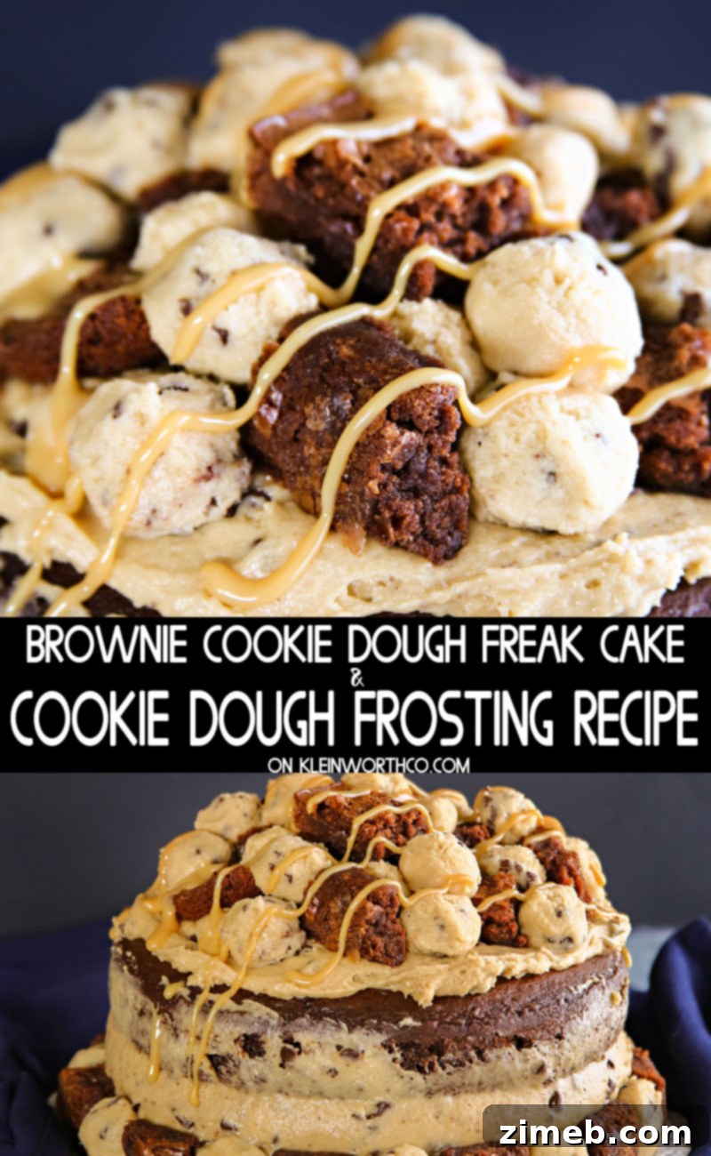 The Ultimate Brownie & Cookie Dough Freak Cake 2 Decadent Brownie Cookie Dough Freak Cake adorned with extra cookie dough and brownie pieces