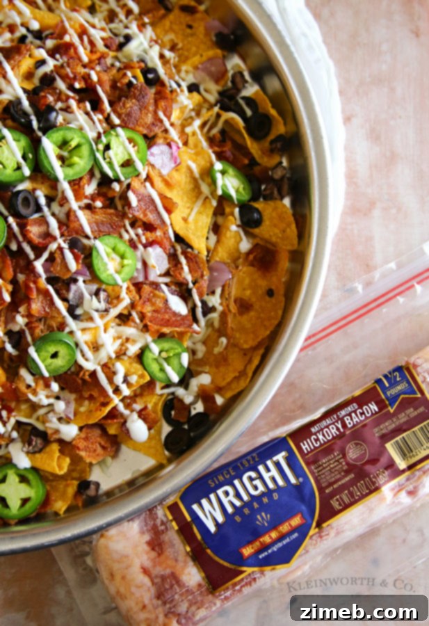 Ultimate Smoked BBQ Bacon Nachos 3 Close-up of premium Wright Brand bacon slices, perfect for nachos.
