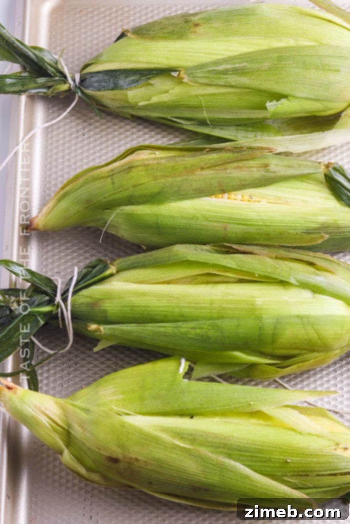 Ember-Kissed Corn 8 Tied corn husks securing seasoned corn on the cob for smoking