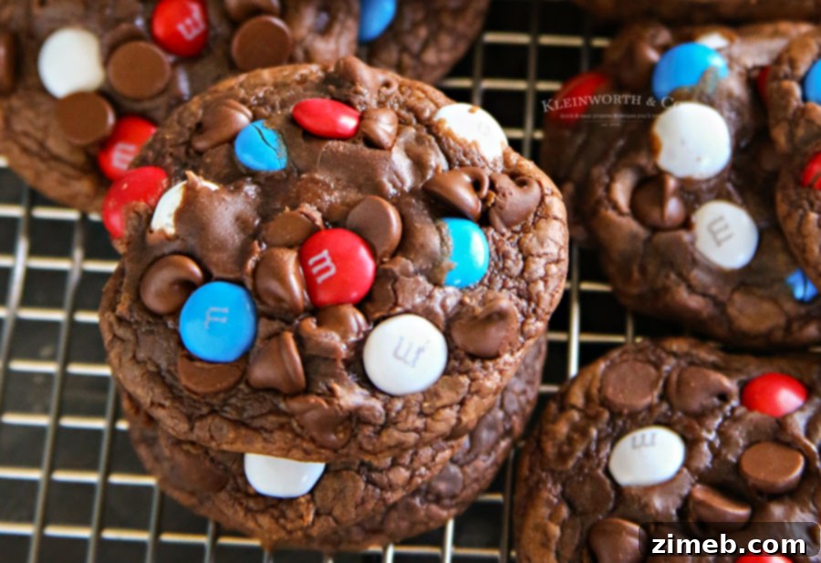 Star Spangled Chewy Brownie Cookies 4 Close-up of Chewy Patriotic Brownie Cookies with melted M&M's.