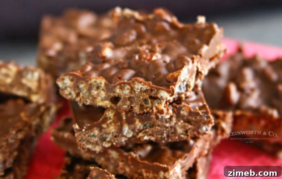 Close-up of freshly made chocolate crunch bars, a rich and crispy homemade treat.