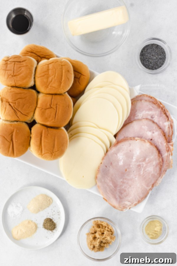 ingredients for Poppy Seed Ham and Cheese Sliders