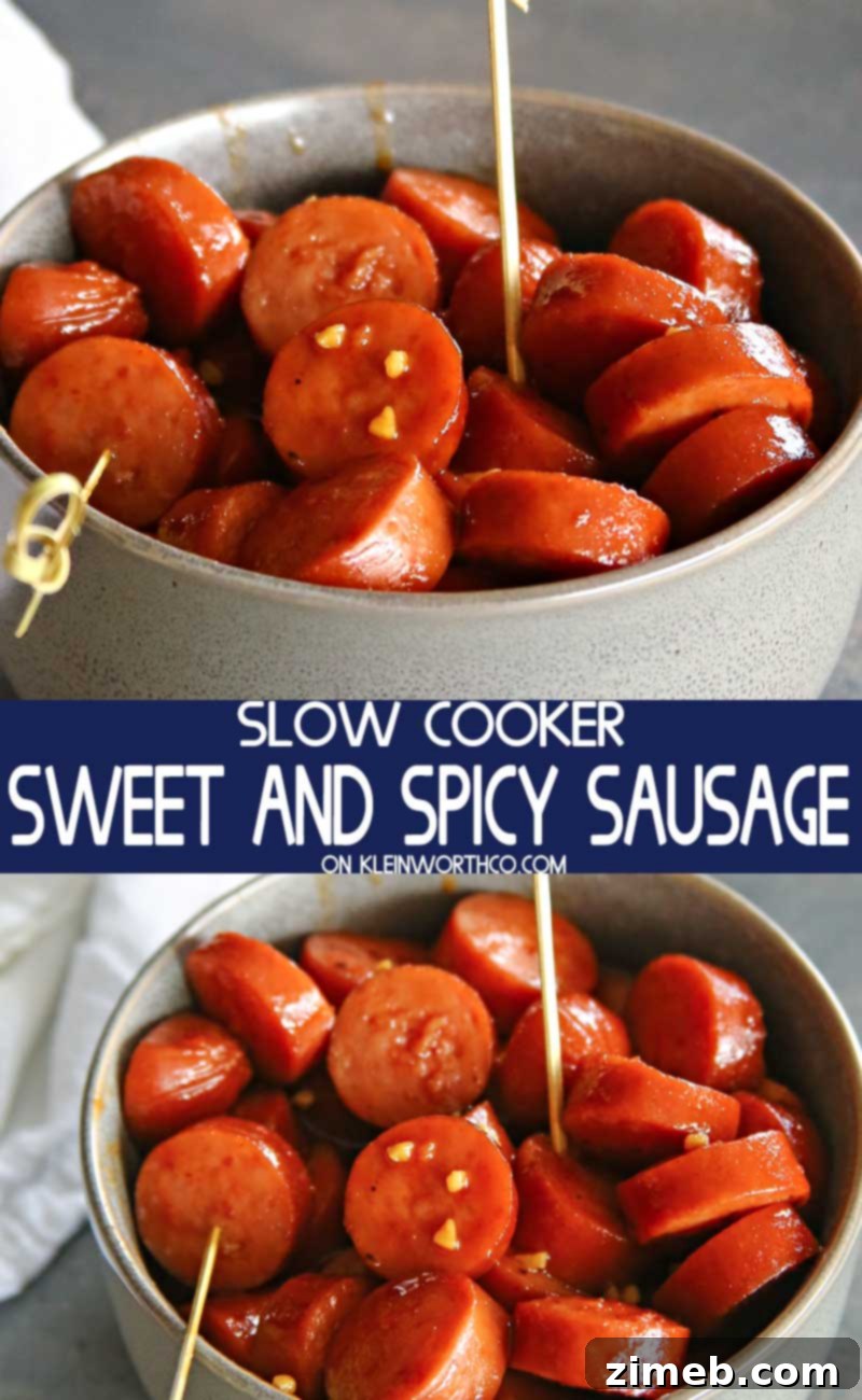 Sticky Sweet and Spicy Slow Cooker Sausage 2 Delicious Slow Cooker Sweet & Spicy Sausage appetizer served in a bowl, perfect for parties and gatherings.